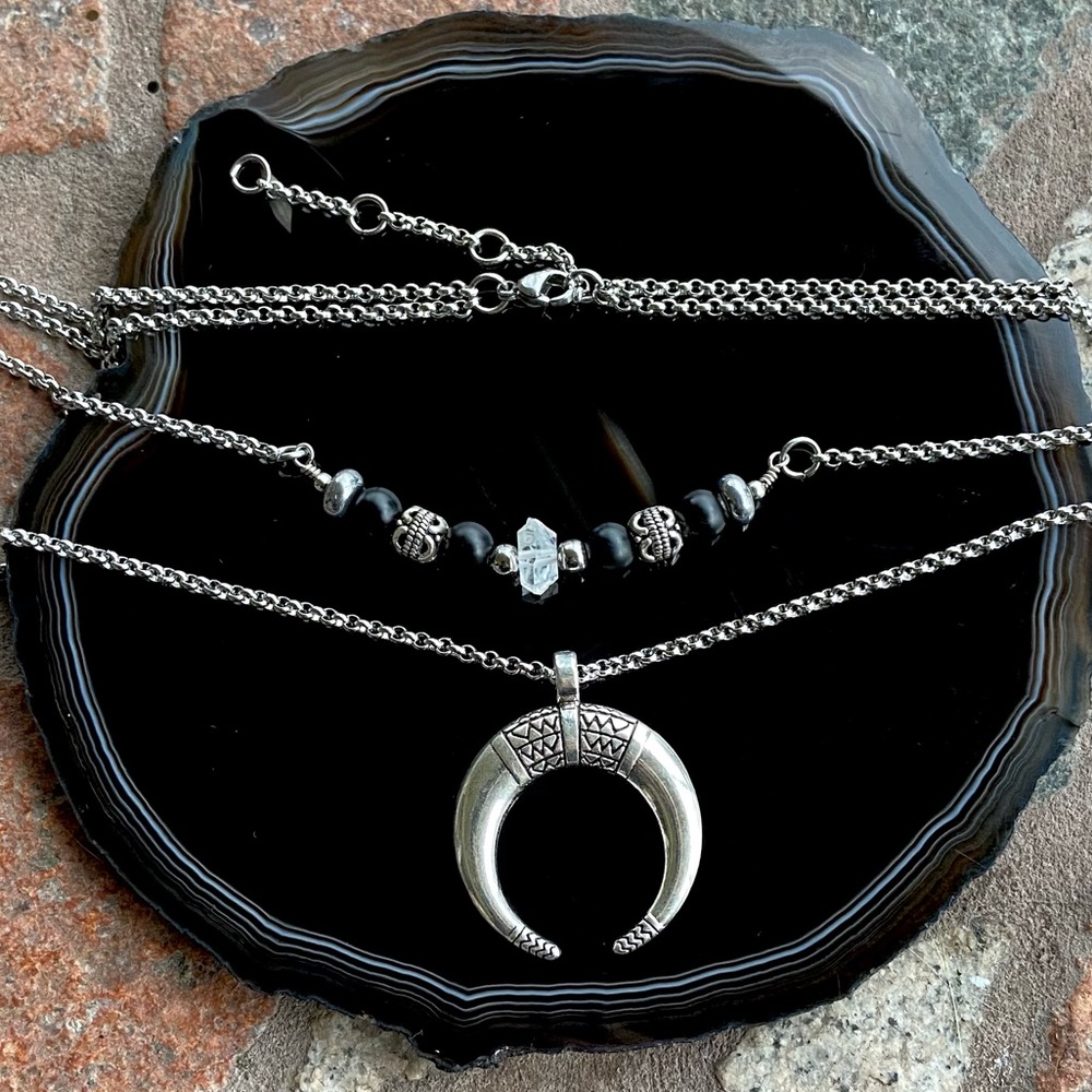 Crystal moon necklace . Genuine Herkimer diamond double layer lunula necklace
